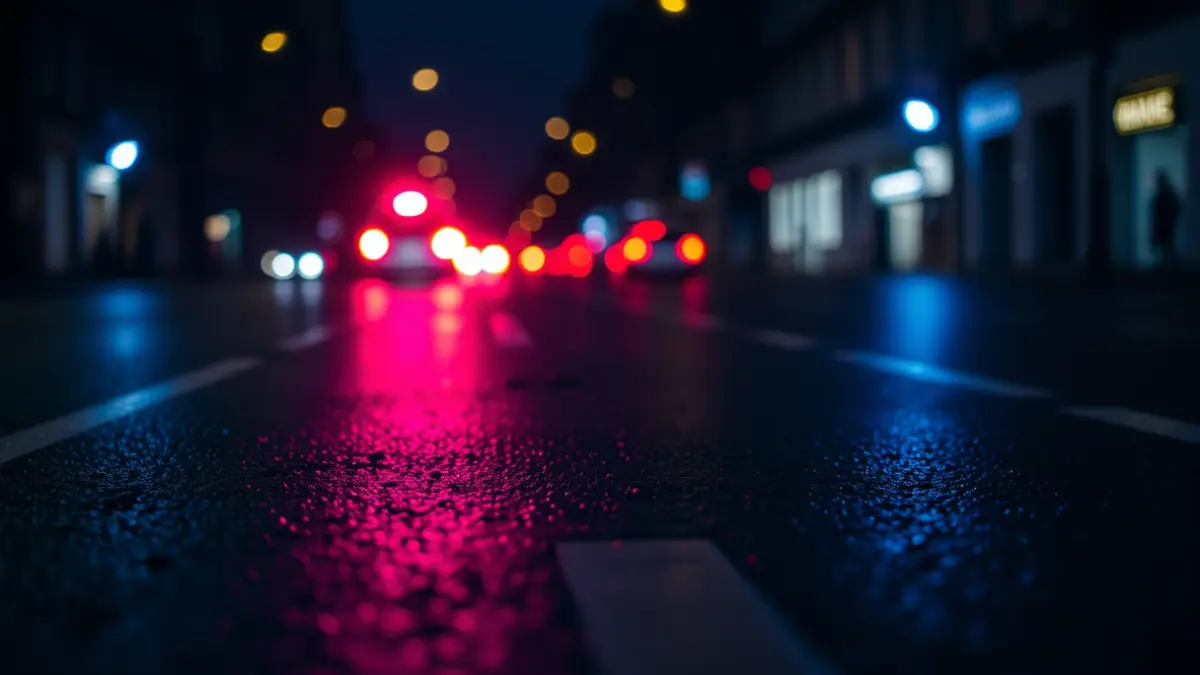 Imagen genérica de luces de emergencia reflejadas en el asfalto mojado en una calle de Madrid.