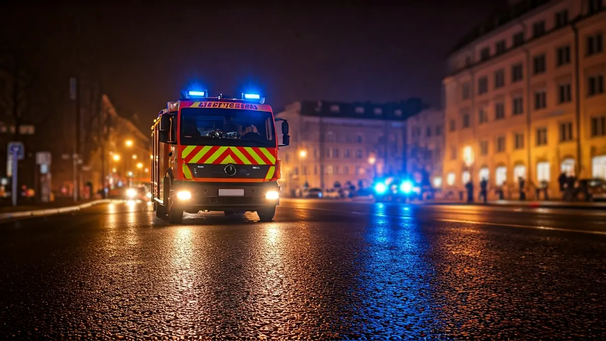 Generic image of emergency lights reflecting on wet asphalt in a European city at night.