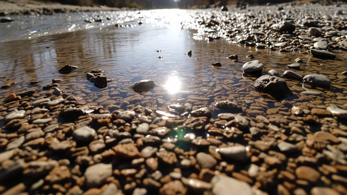 Image of a river with low flow and exposed gravel bed, reflecting ecological concern.