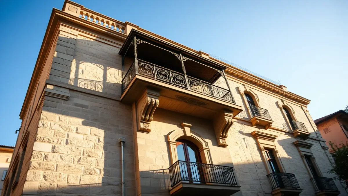 Facade of a government building with a balcony and iron railings, under the afternoon sunlight.