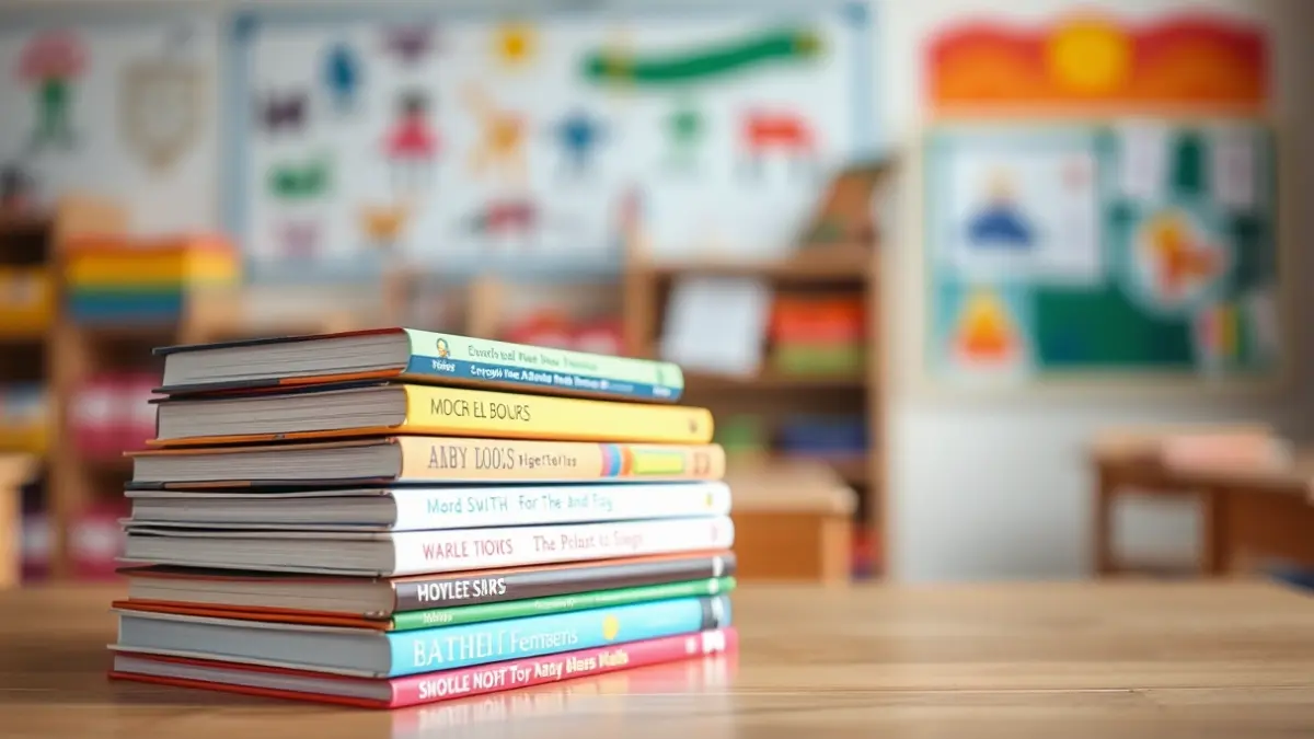 Generic image of children's books on a table, with colorful drawings in the background.