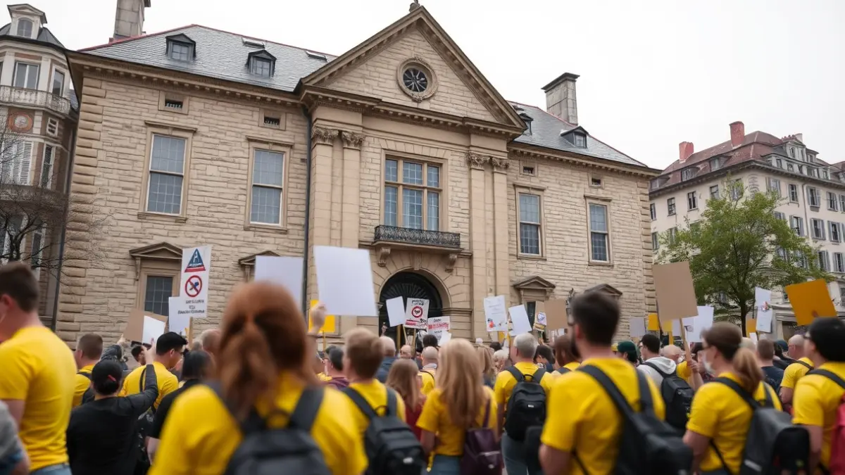 Manifestación de educadoras infantiles frente a un ayuntamiento bajo la lluvia.