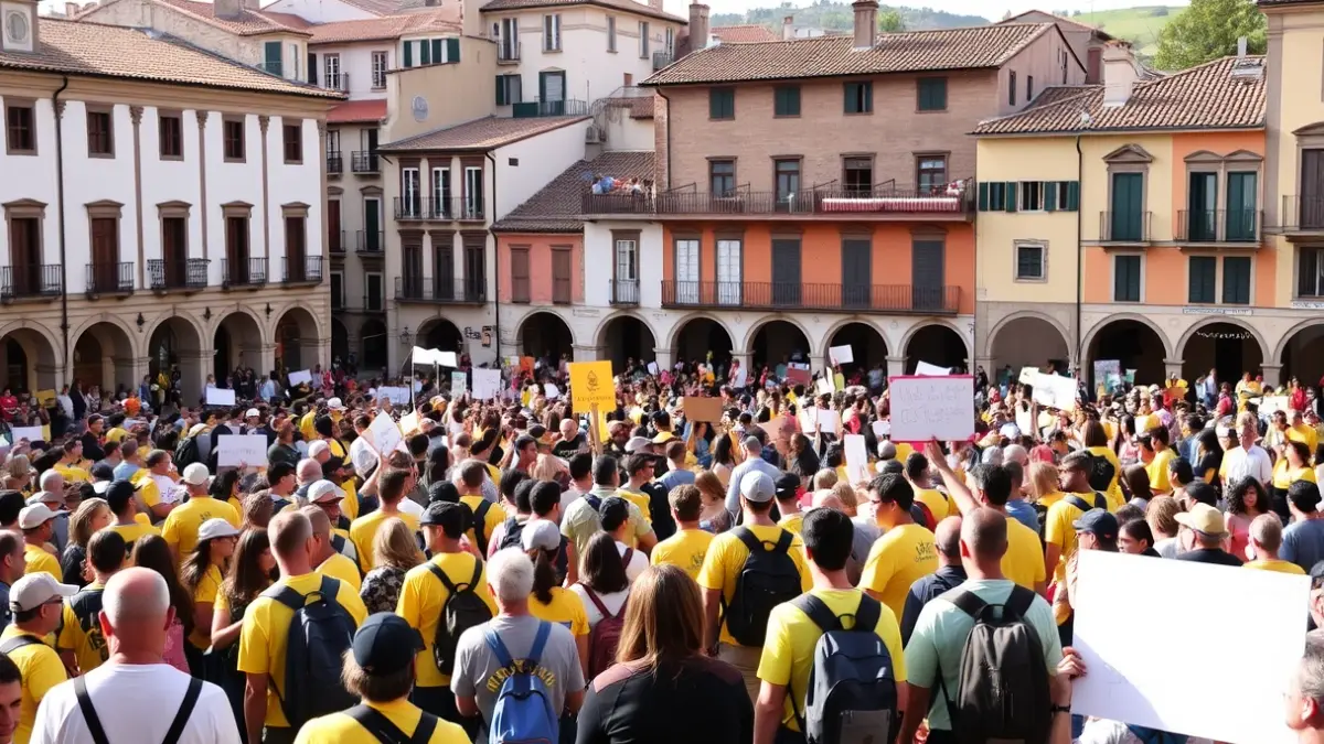 Image of a gathering of early childhood education professionals and families in a square.