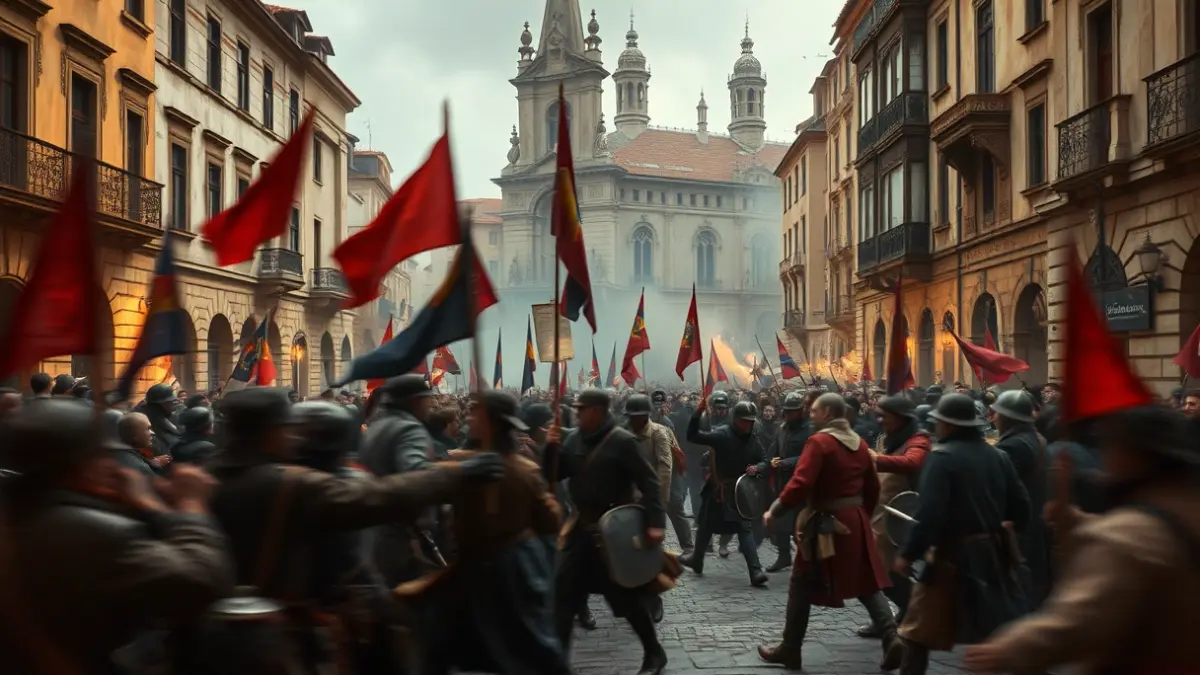 Image of a historical battle scene in an old European city, with blurred figures and an atmosphere of conflict.