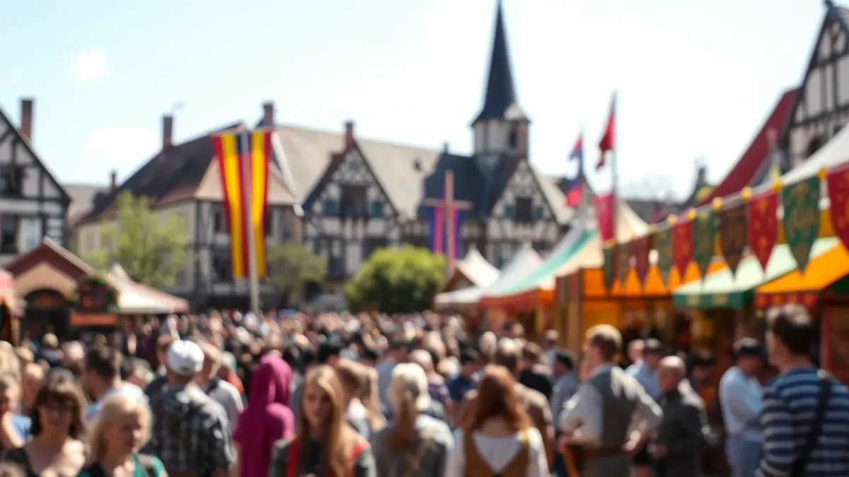 Generic image of a medieval fair with craft stalls and people.