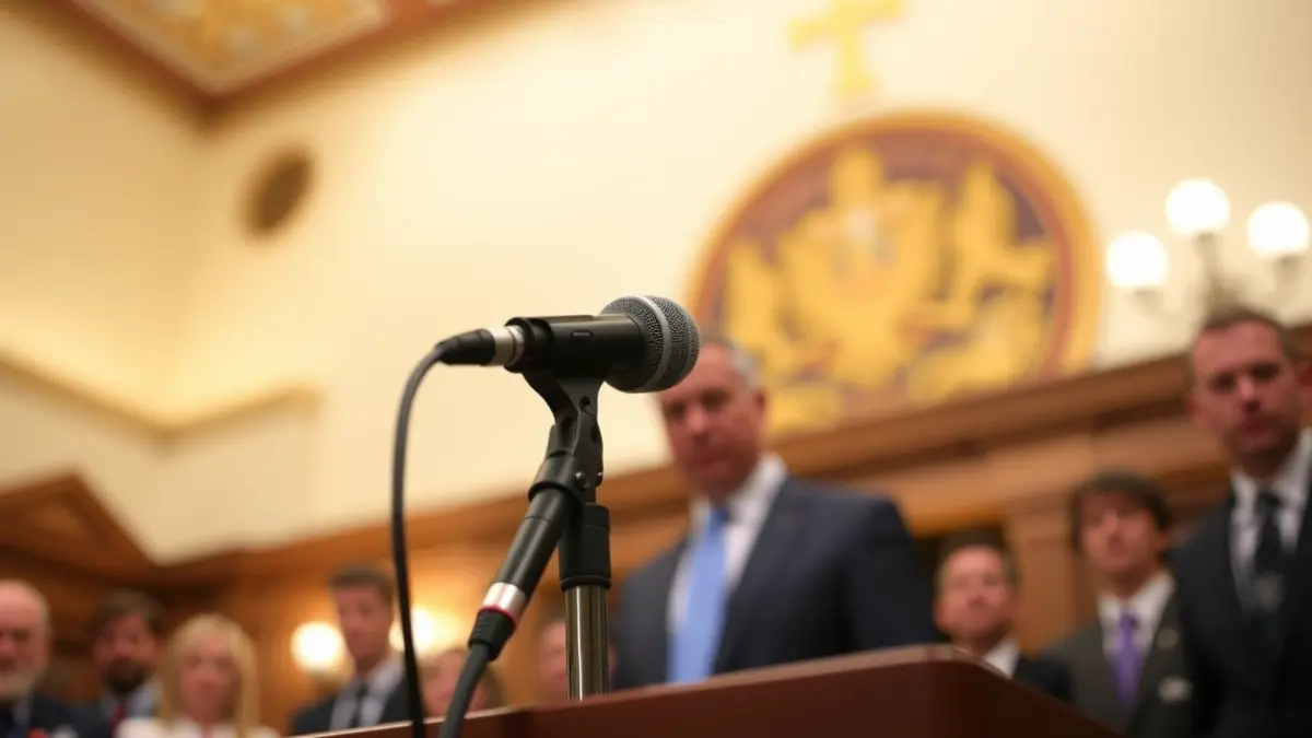 Generic image of a microphone on a podium during a press conference.
