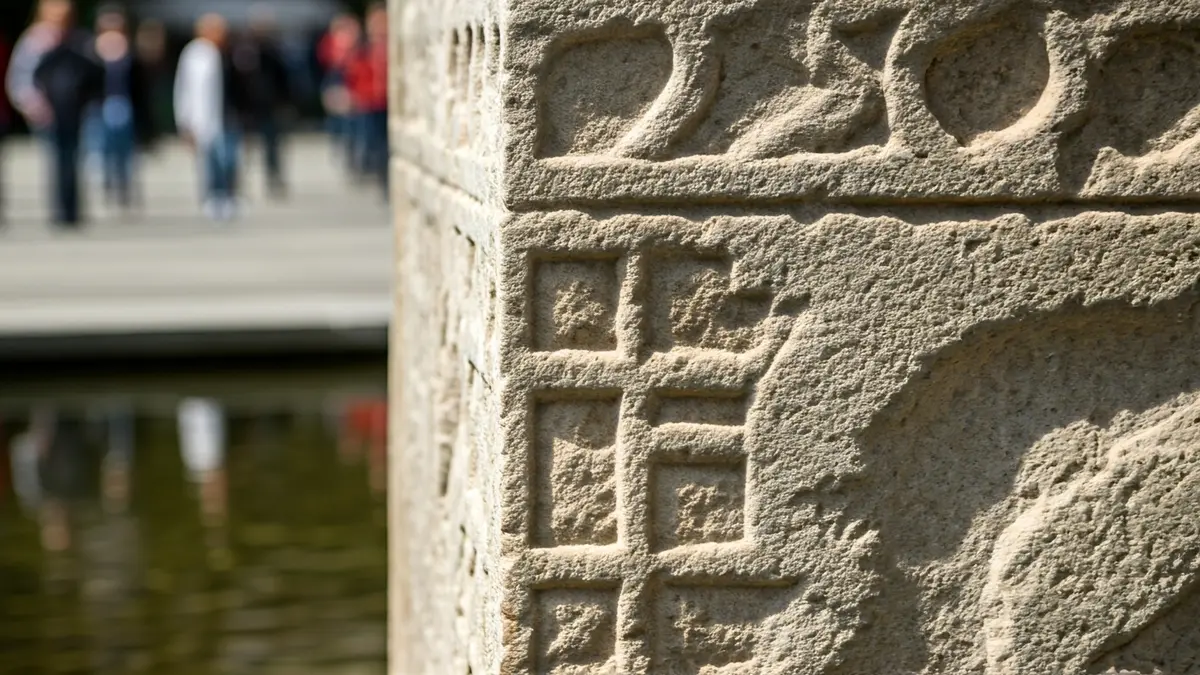 Detalle de las piedras del Templo de Debod con inscripciones y arañazos.