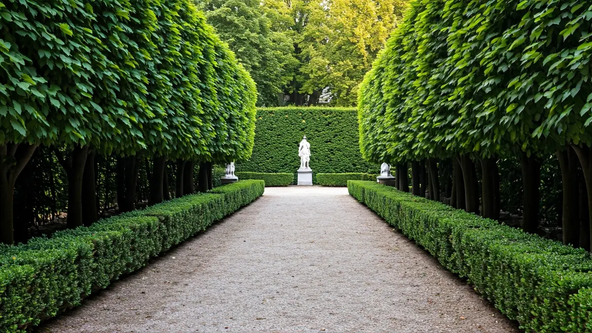 Imagen de un camino tranquilo en un jardín histórico de Madrid.