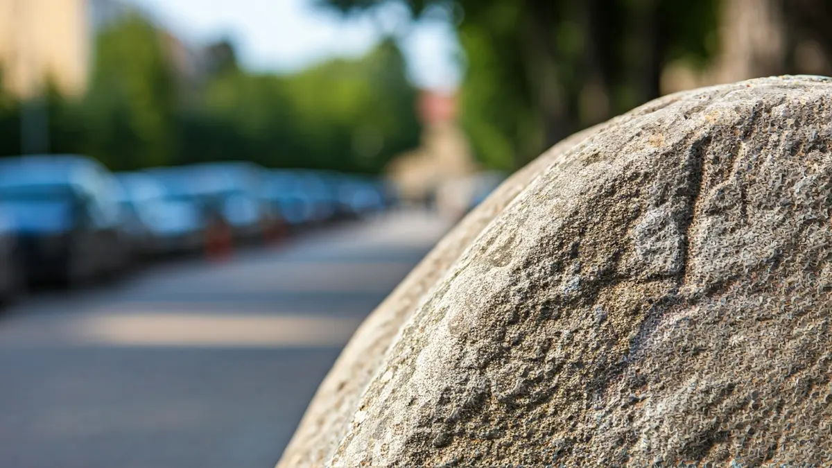 Detalle de una piedra antigua con inscripciones vandálicas, en un entorno urbano.