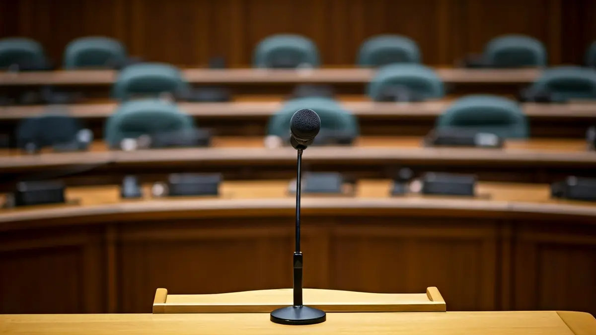 Generic image of a microphone on a podium in an empty council chamber.
