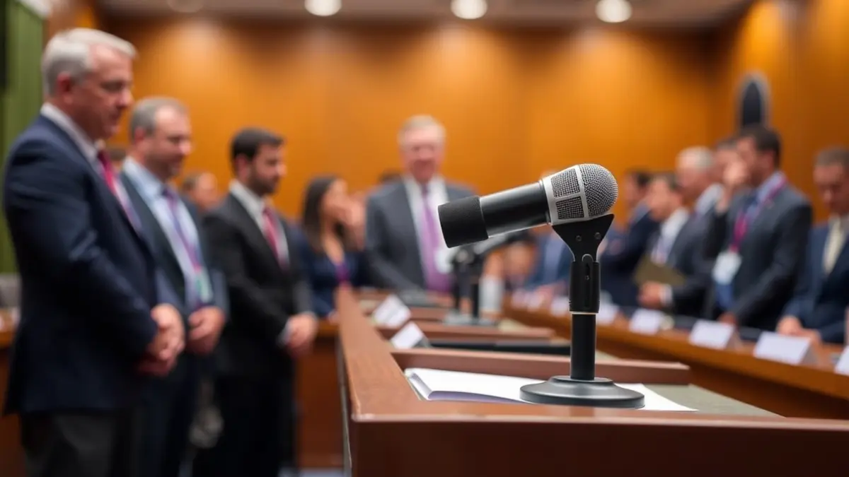 Generic image of a microphone on a podium during a press conference.