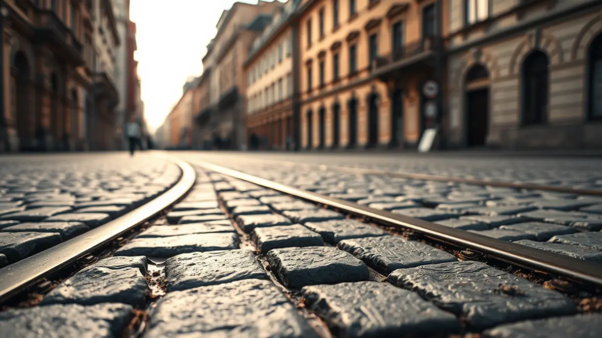 Restos de vías de tranvía antiguos encontrados en una calle de Madrid.