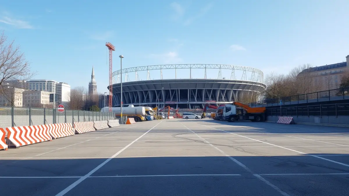 Imagen de un aparcamiento en construcción cerca de un estadio urbano.