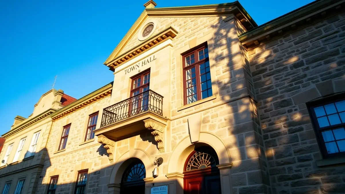 Fachada del Ayuntamiento de Madrid con balcón y barandillas de hierro, bajo la luz del sol de la tarde.