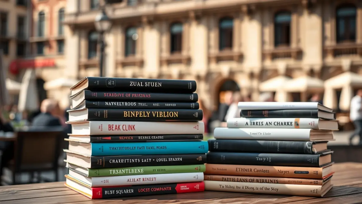 Imagen de libros sobre una mesa con un fondo urbano desenfocado.