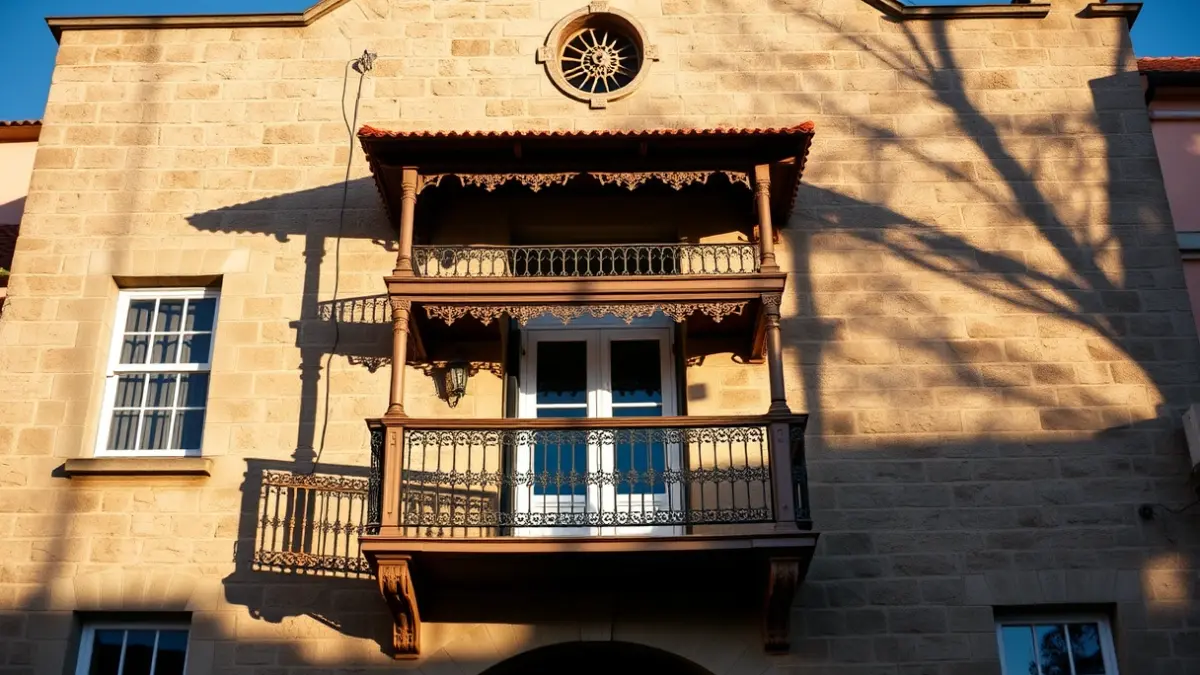 Fachada del ayuntamiento de Majadahonda con balcón y barandillas de hierro, bajo la luz del sol de la tarde.