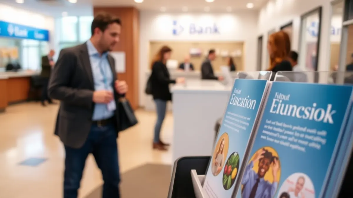 Imagen genérica de un vestíbulo de banco con folletos informativos.