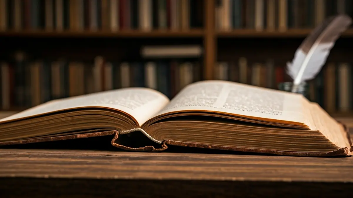 Generic image of an open antique book on a wooden table in a library.