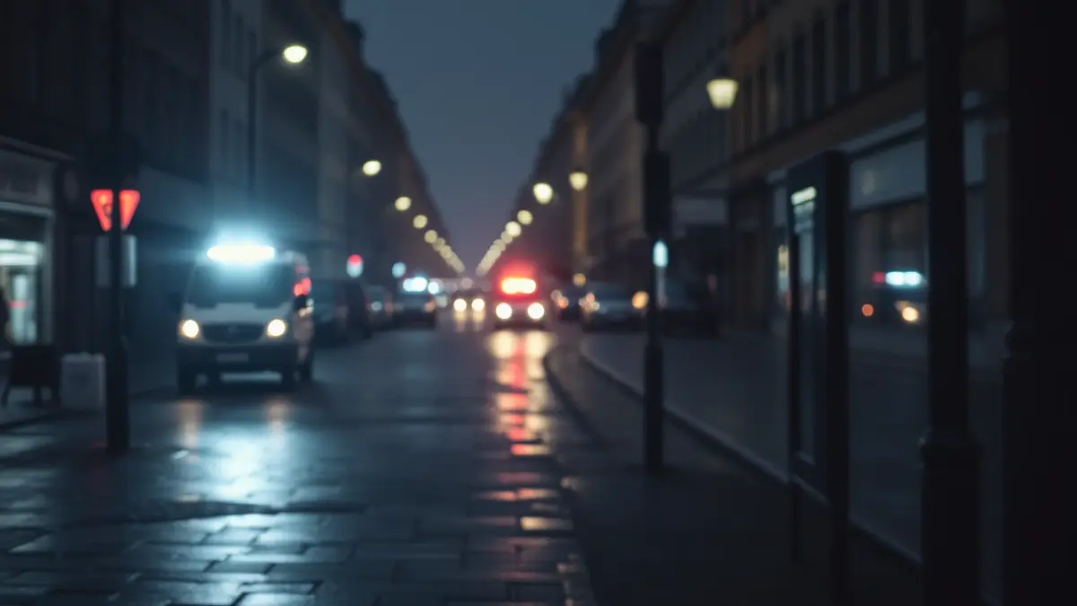 Imagen genérica de una calle urbana oscura con luces de emergencia borrosas, evocando un ambiente de guerra.
