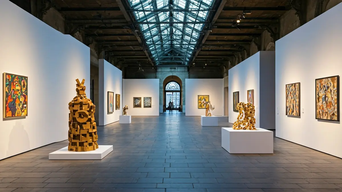Interior de una exposición de arte moderno con obras abstractas y esculturas de cartón.
