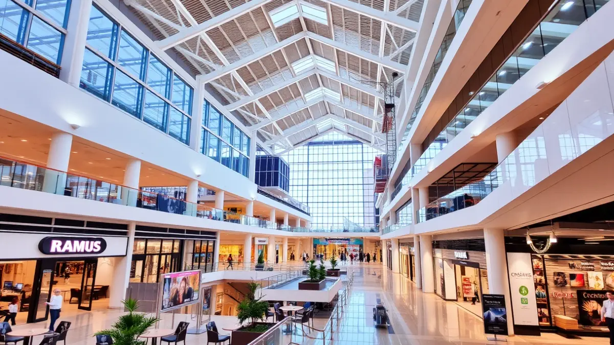 Image of a modern shopping center with leisure and dining areas.
