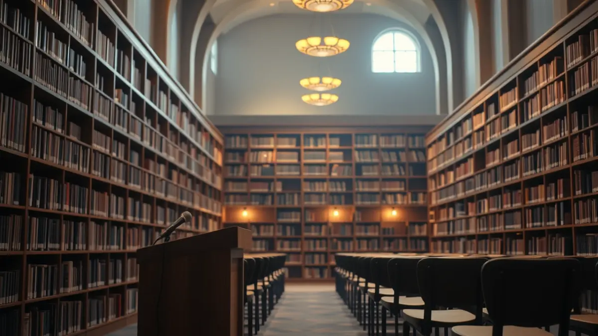Generic image of a library or conference room interior with a podium and empty chairs, warmly lit.