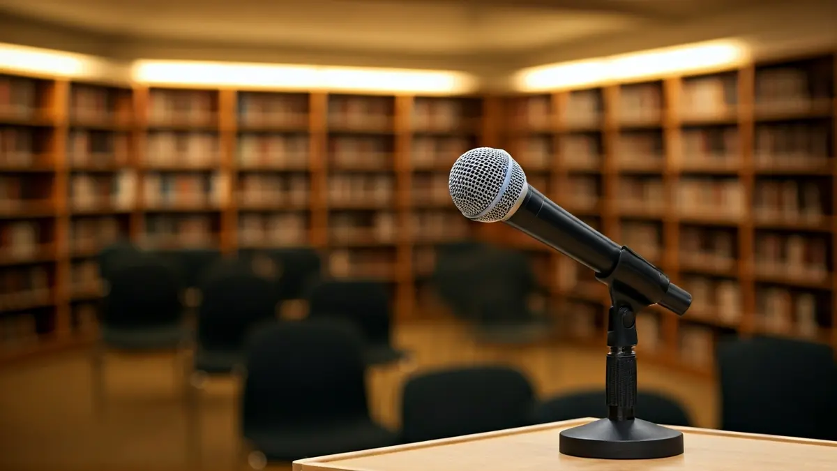 Imagen genérica de un micrófono en un podio en una biblioteca, simbolizando un evento cultural o presentación.