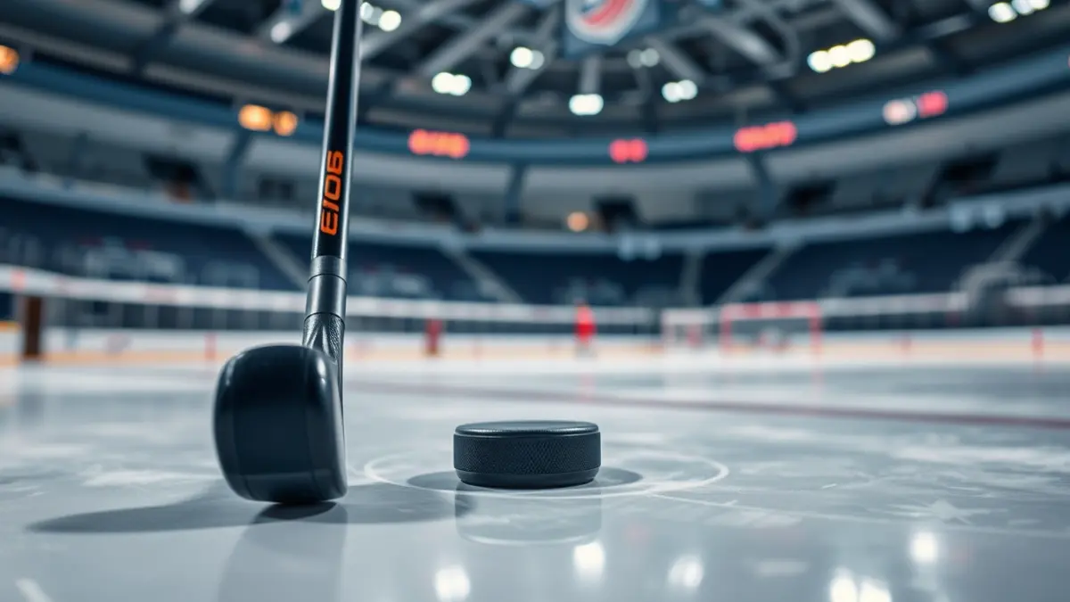 Imagen genérica de un palo de hockey y un disco en una pista