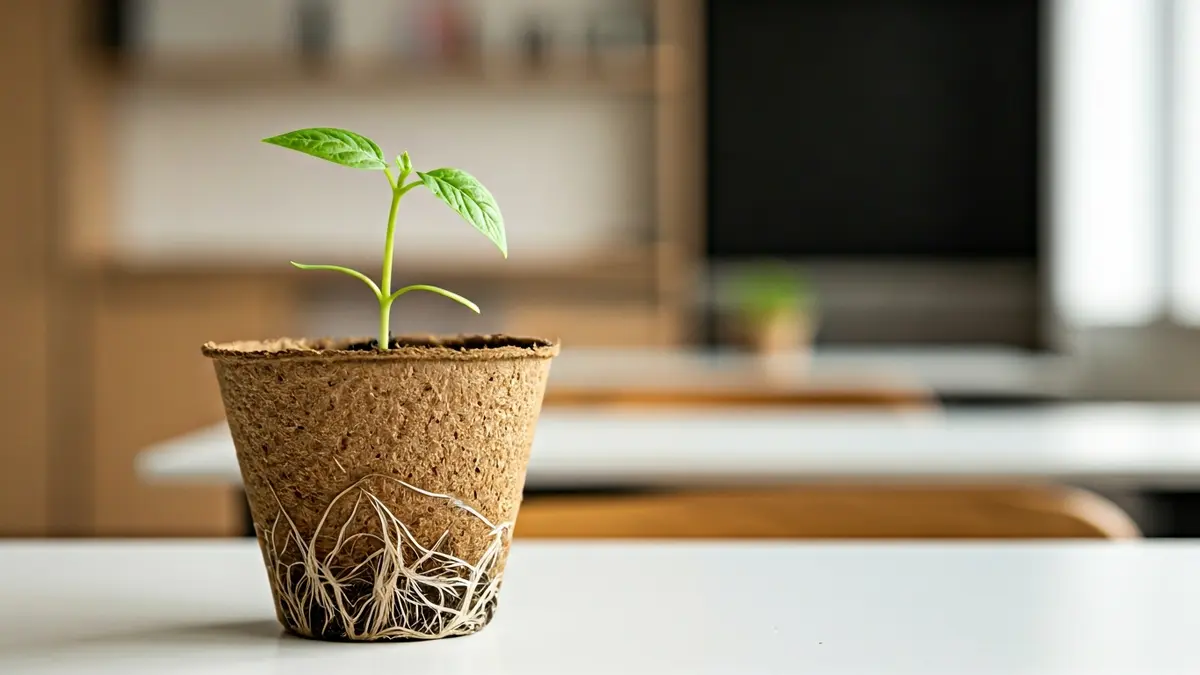 Image of a biodegradable pot with roots growing downwards, representing an innovative project.