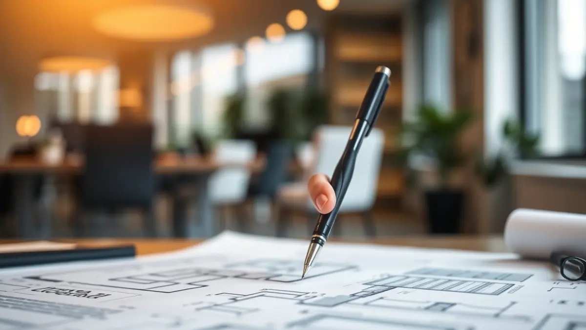 Generic image of a hand with a pen over architectural blueprints.