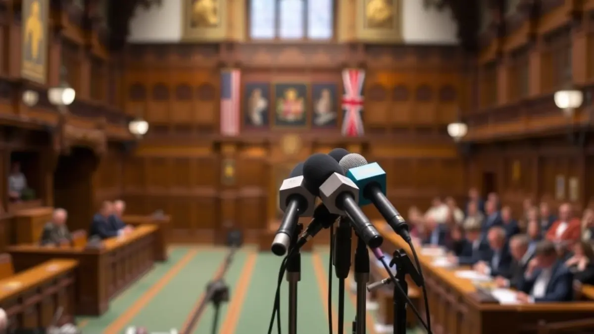 Imagen genérica de un atril con micrófonos en un parlamento, simbolizando un debate político.