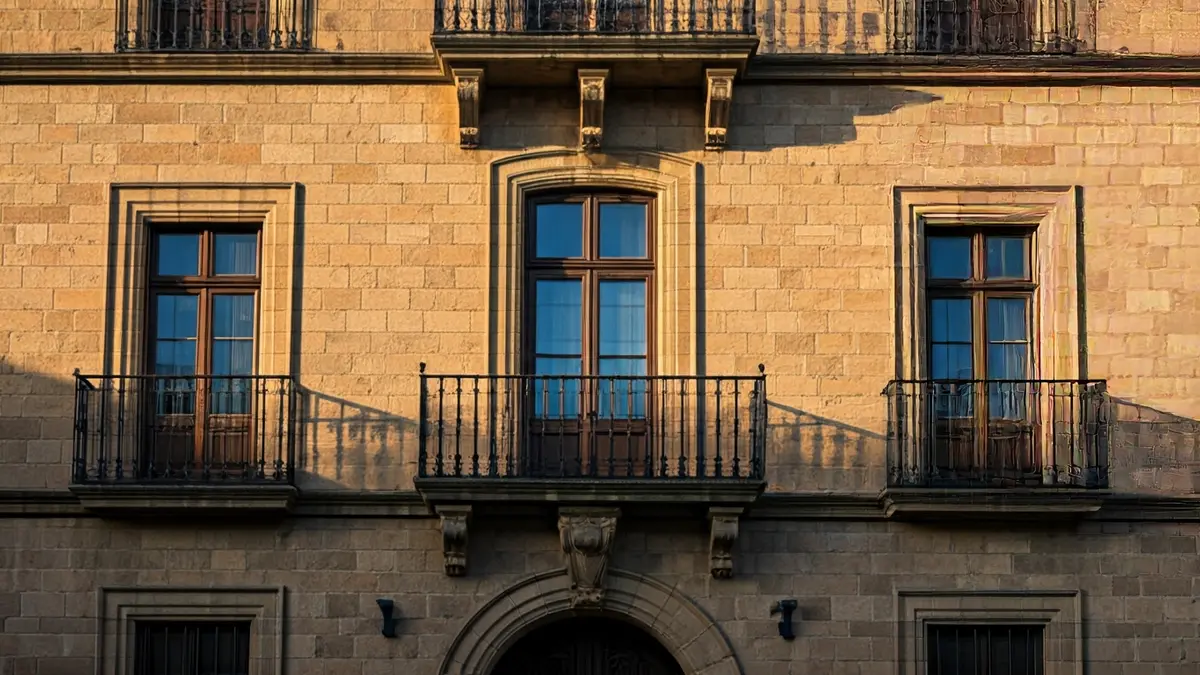 Facade of an institutional building with balconies and iron railings, under the afternoon sun.