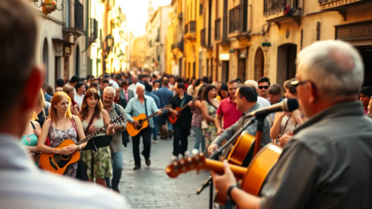 Image of musicians performing in a historic street in Alcalá de Henares, with an audience enjoying the event.