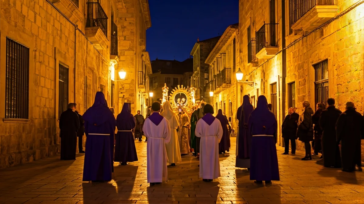 Imagen de una procesión religiosa en una calle histórica de Madrid al anochecer.