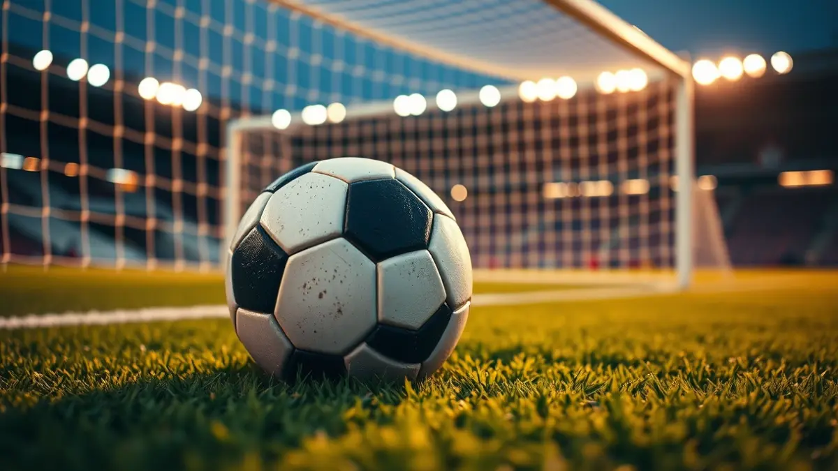 Imagen genérica de un balón de fútbol sala sobre césped artificial, con la portería desenfocada al fondo.