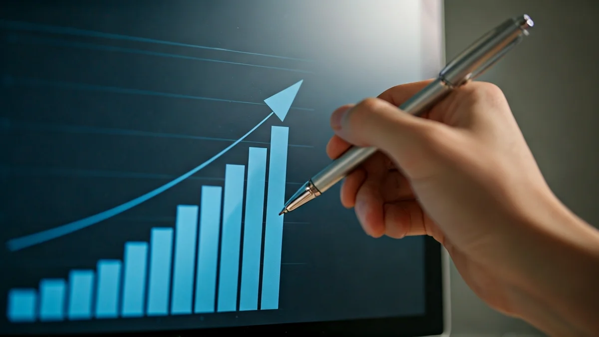 Imagen genérica de una mano señalando un gráfico de barras con una tendencia al alza en una pantalla de ordenador.