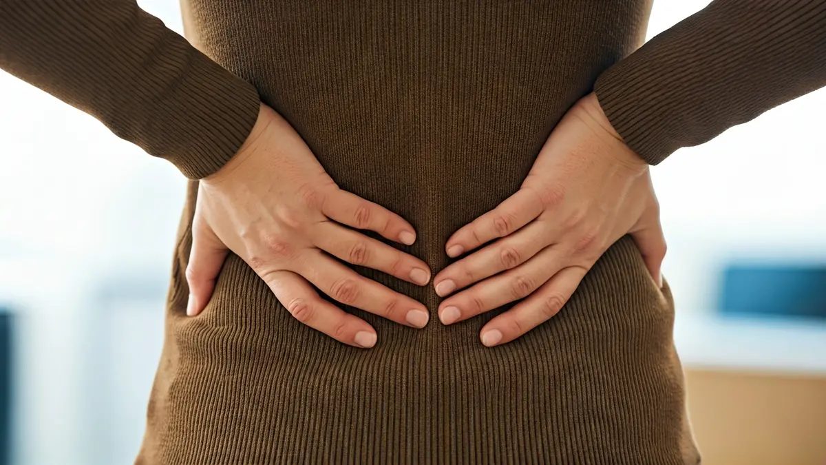 Generic image of a person with back pain, touching their lower back.