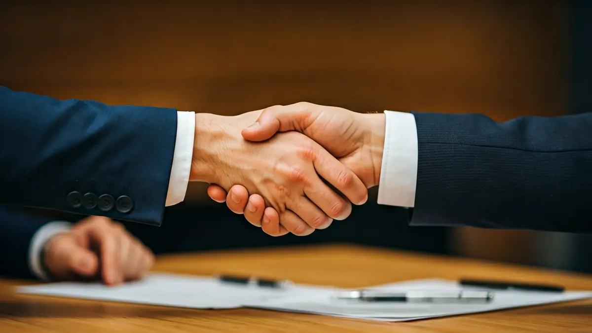 Generic image of two people shaking hands over a desk, symbolizing a business agreement or collaboration.