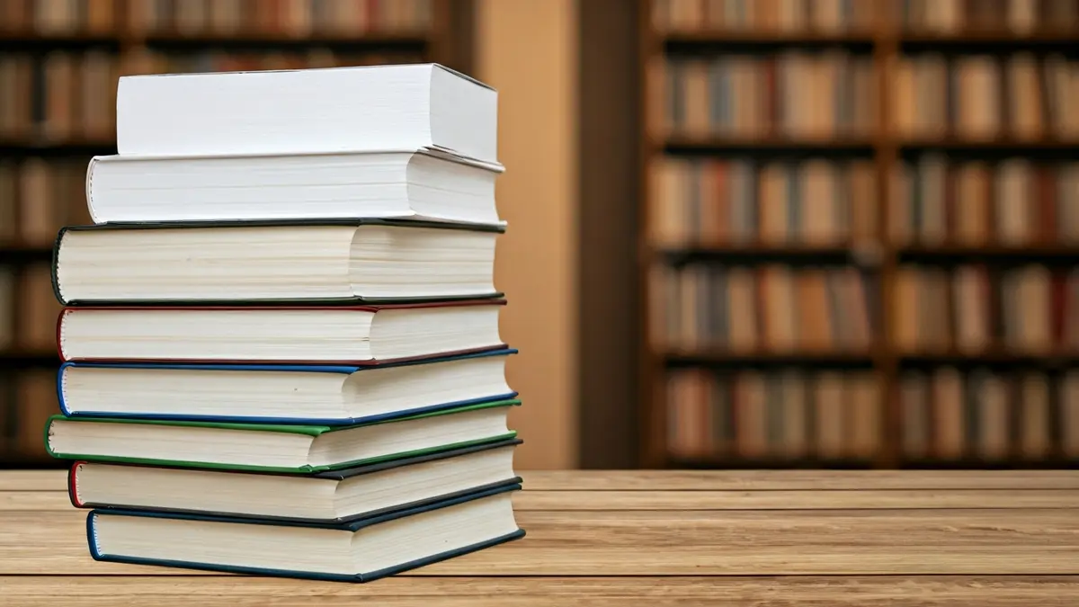 Generic image of books stacked on a table, with a blurred library background.
