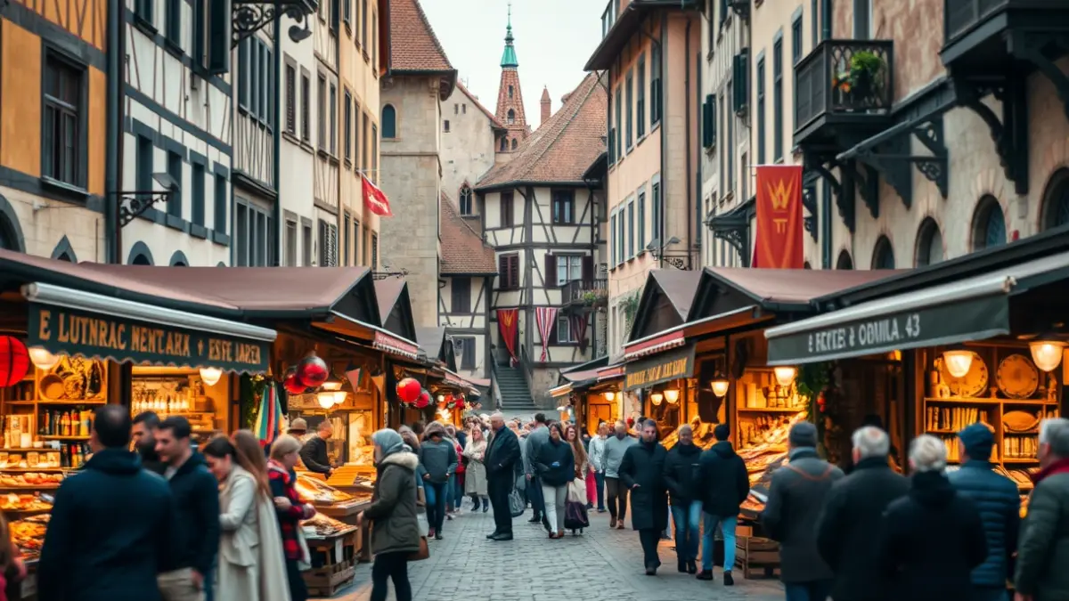 Generic image of a medieval market with artisan stalls and people.