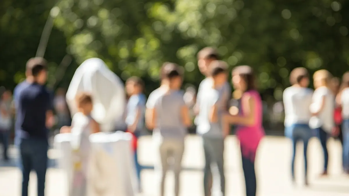 Imagen de un festival cultural al aire libre con familias participando en actividades artísticas y educativas.