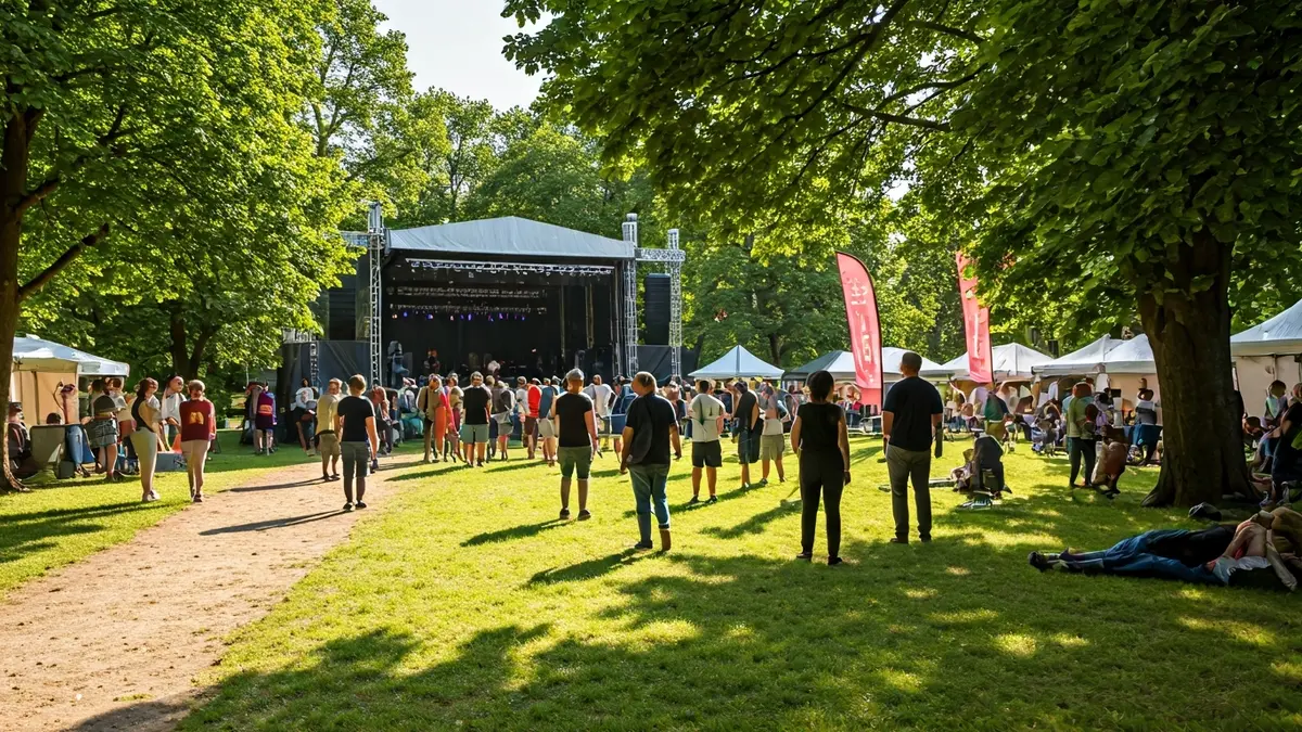 Imagen de un festival de música al aire libre con gente disfrutando y puestos de comida.