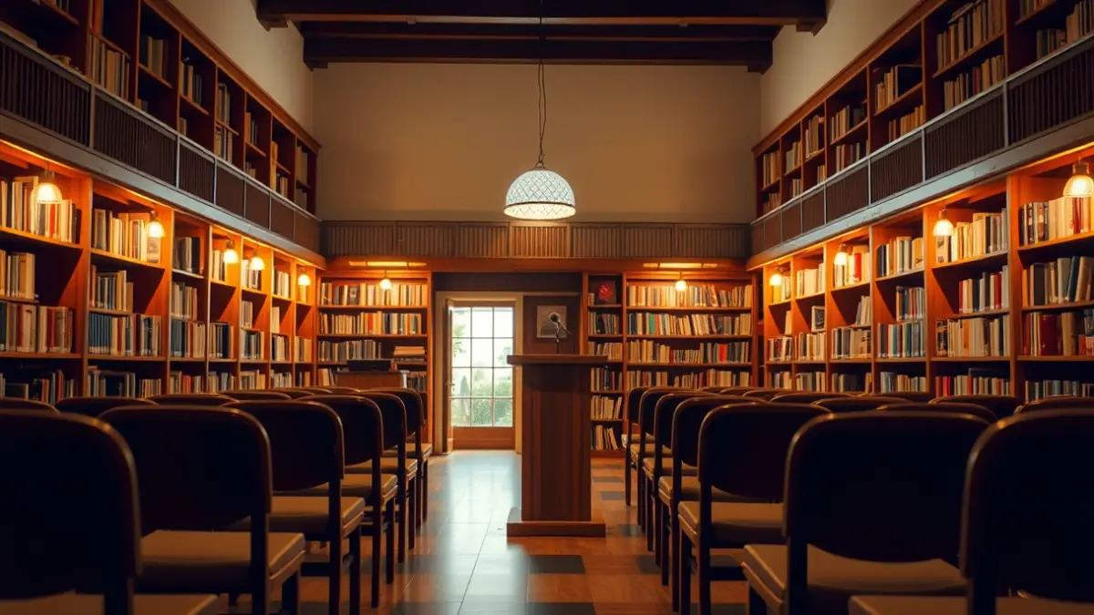 Generic image of a library or reading room with a microphone on a podium.
