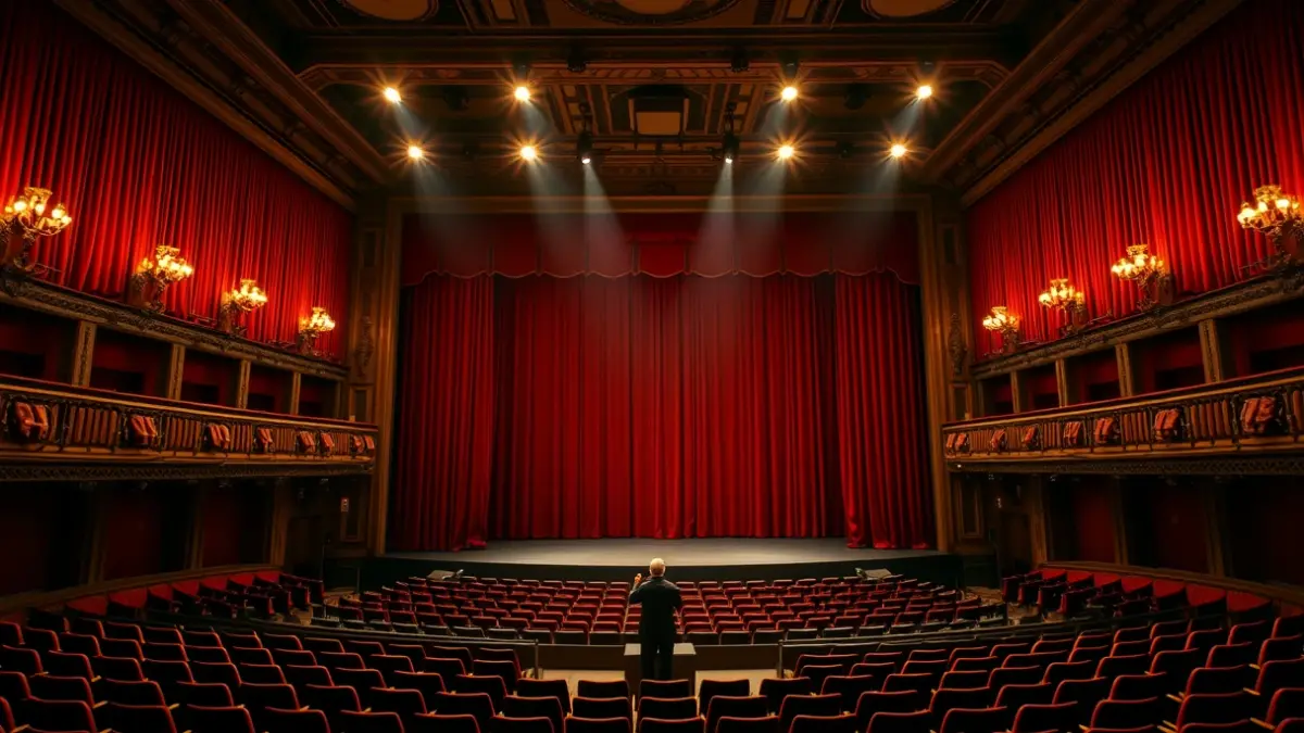 Image of a theater stage with red velvet curtains and an empty conductor's podium.