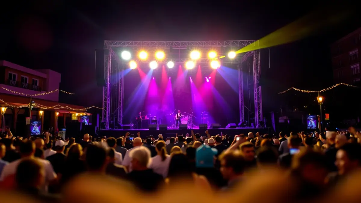 Imagen genérica de un concierto al aire libre con luces brillantes y público difuminado.