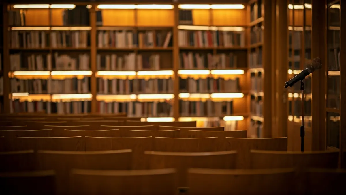Imagen genérica de un interior de biblioteca o sala de conciertos con un micrófono y sillas, representando un evento cultural.