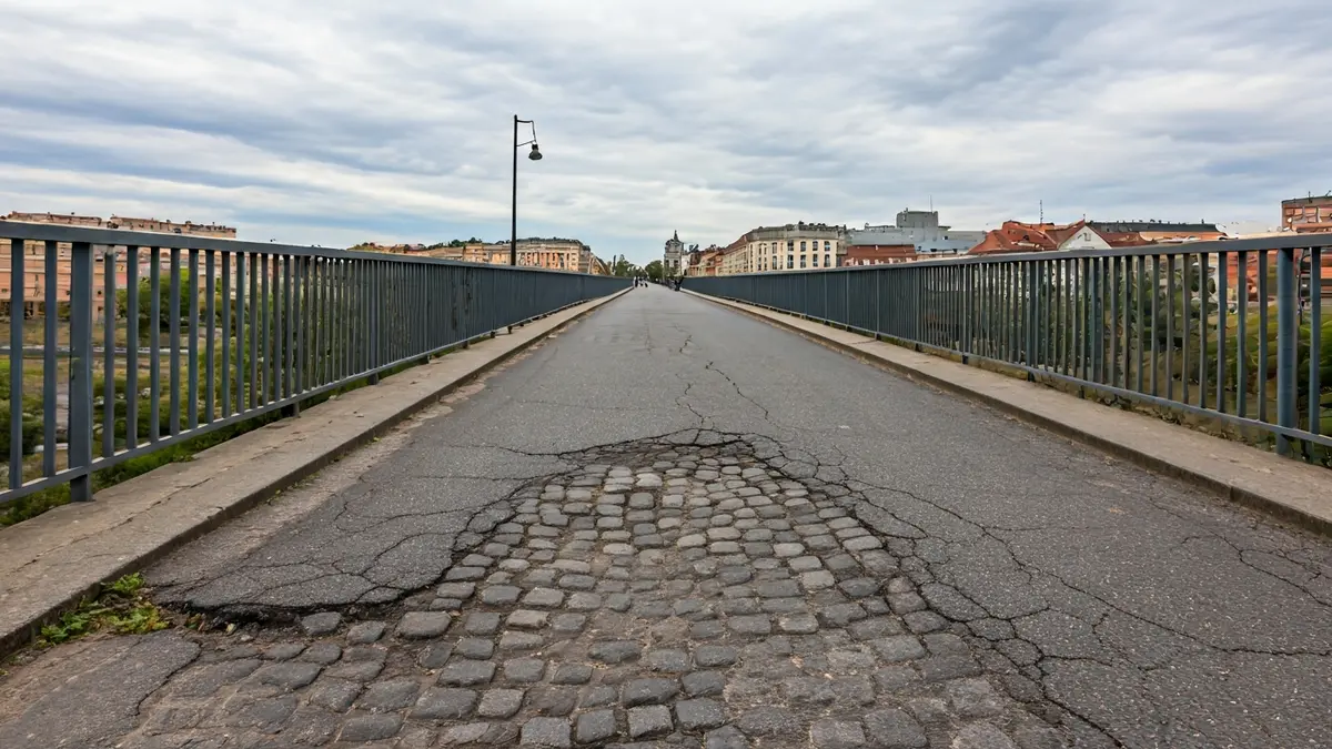 Superficie de un puente con desperfectos y barandilla rota, reflejando la necesidad de mantenimiento.