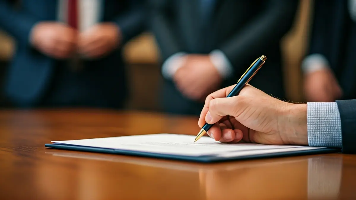 Imagen genérica de una mano firmando un documento oficial, simbolizando la aprobación de una política.