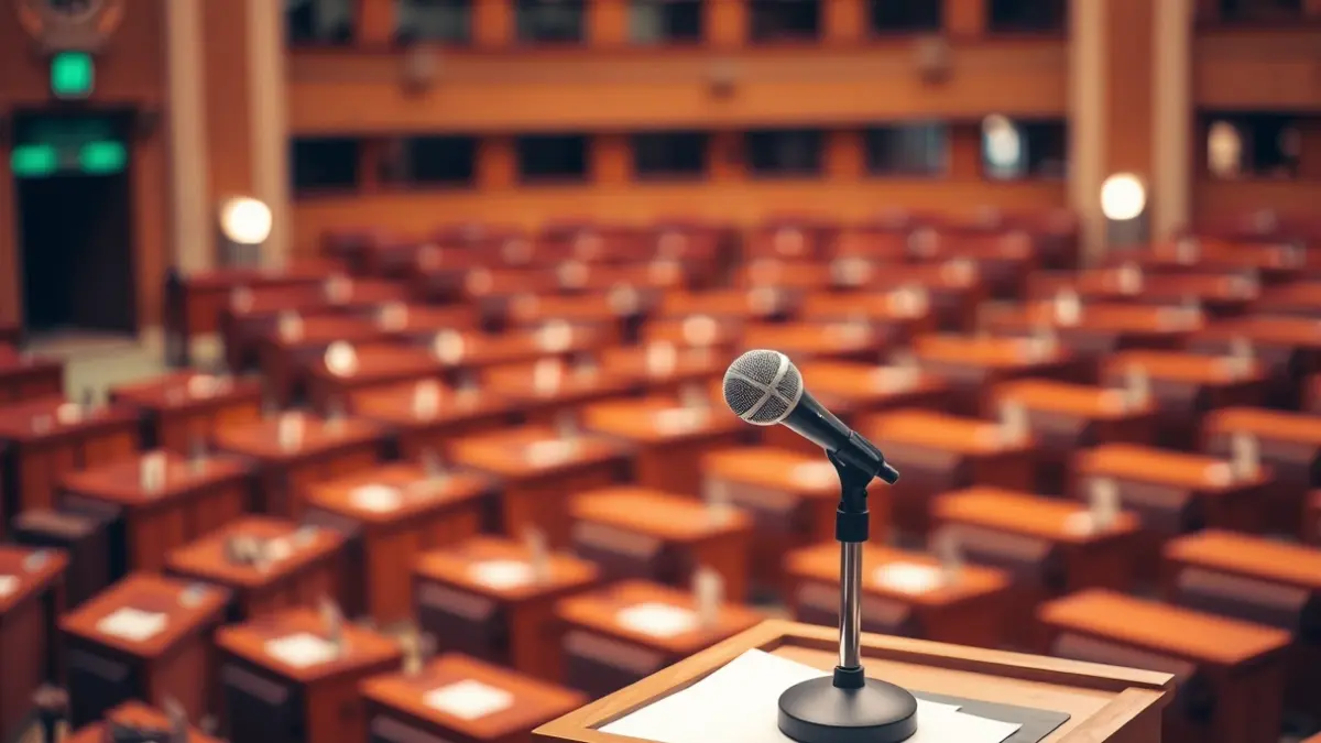 Imagen genérica de un micrófono en un podio en una sala de asambleas, simbolizando el debate político.