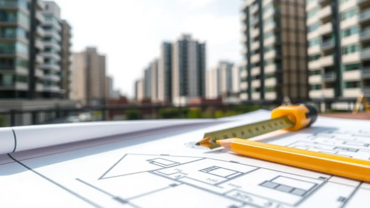 Imagen genérica de planos de vivienda y herramientas de construcción.